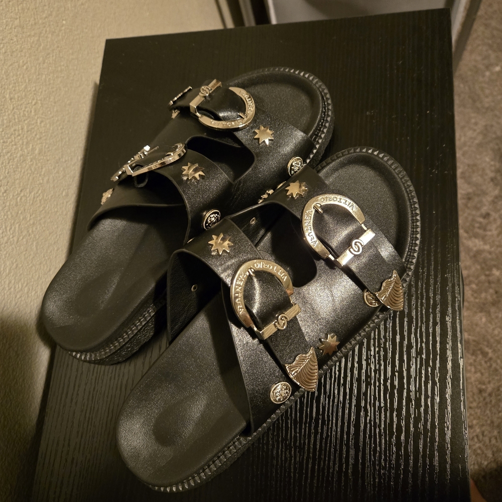Black Sandals with Gold Accents